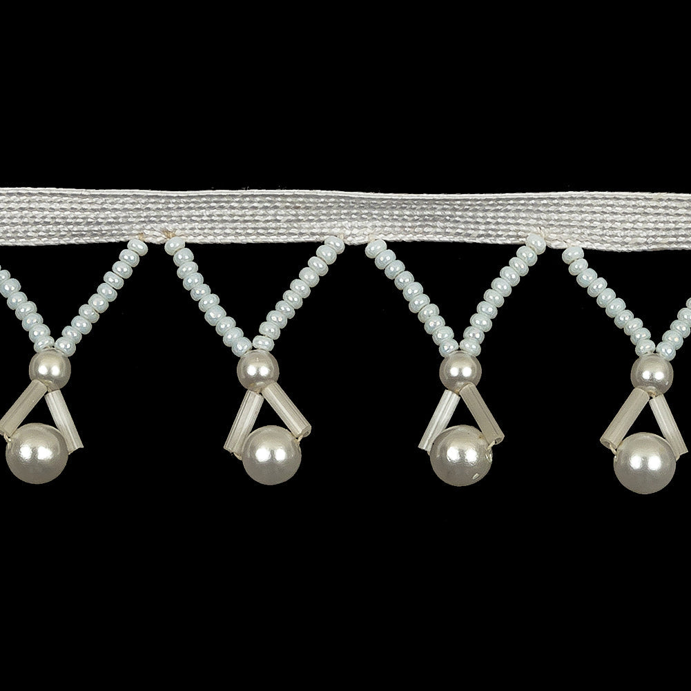 Vintage Pearlescent White and Ivory Round, Seed and Bugle Beaded Fringe Trim - 1.25"