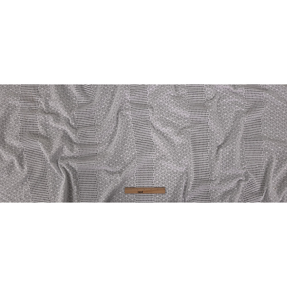 White Floral Embroidered Cotton Voile with Gridded Guipure Lace Stripes