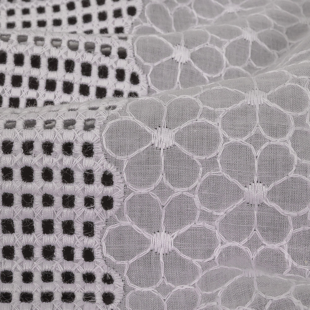 White Floral Embroidered Cotton Voile with Gridded Guipure Lace Stripes