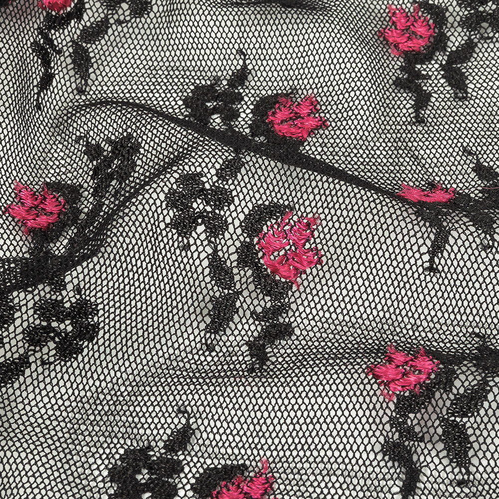 Black Stretch Mesh with Pink Embroidered Roses