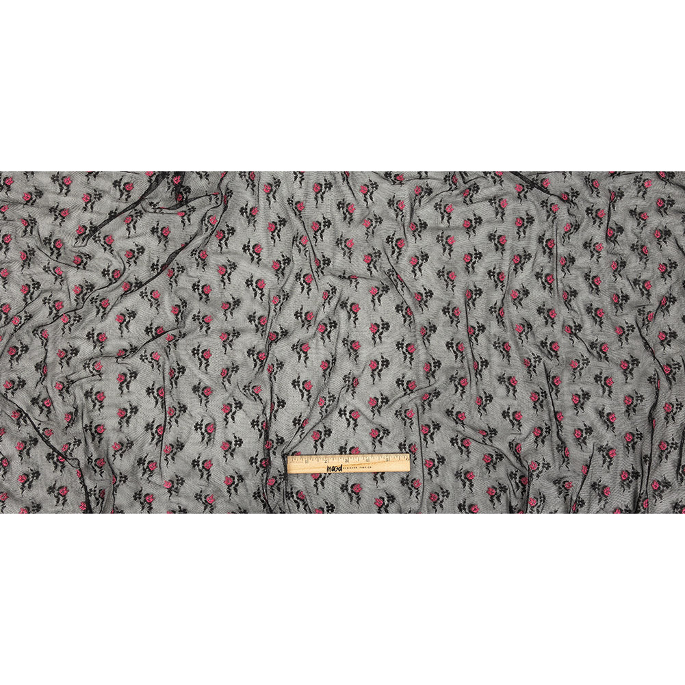 Black Stretch Mesh with Pink Embroidered Roses