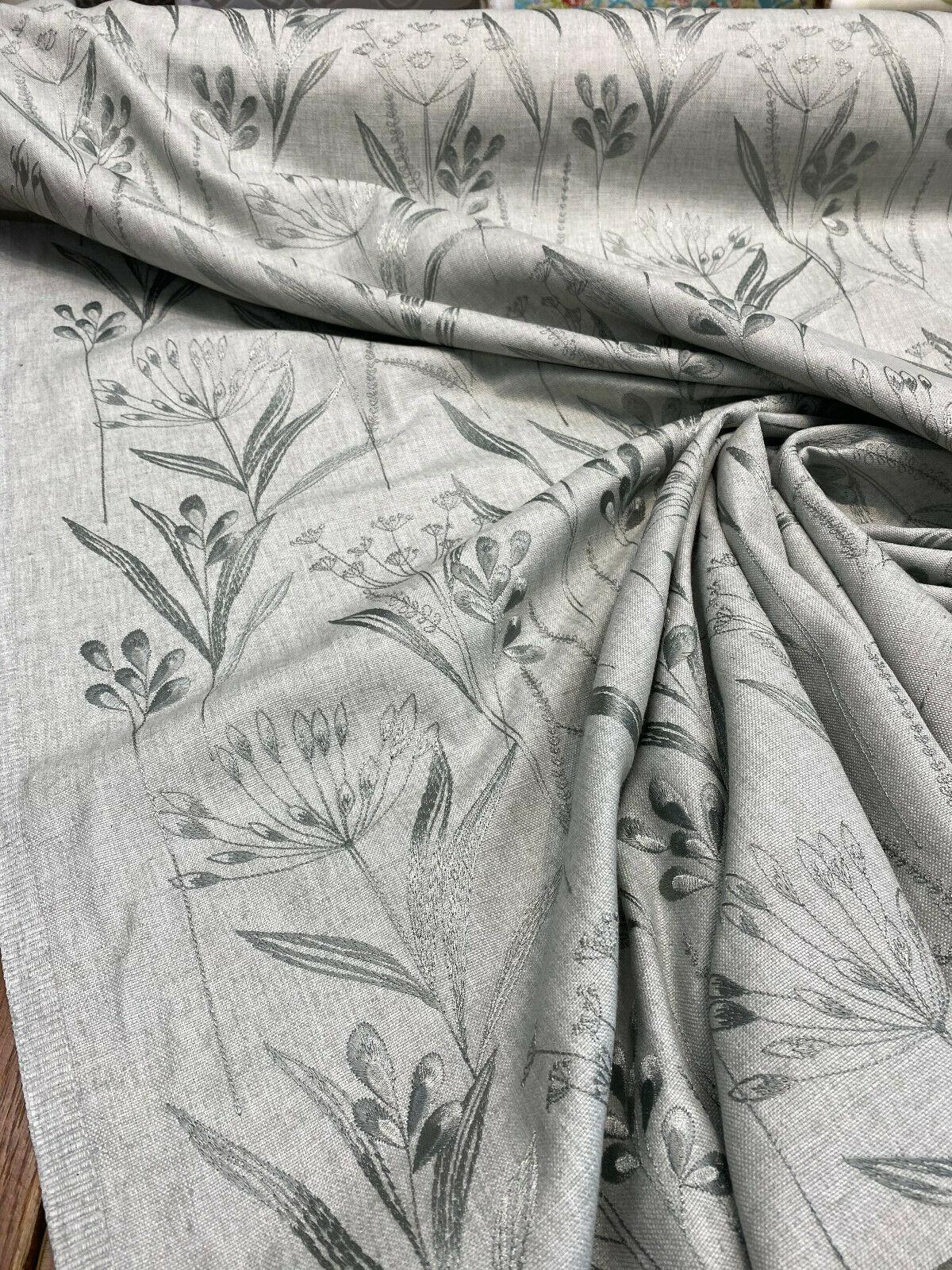 Lau Blue Cactus Embroidered Floral Linen Fabric - Blue Cactus Embroidered Floral, 54" Width, 12.5" Vertical Repeat (1 Yard)