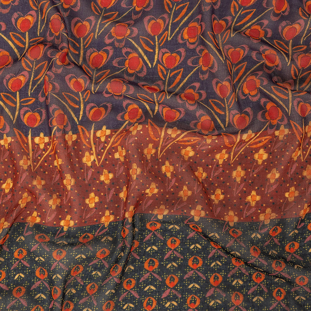 Famous NYC Designer Red, Orange, and Navy Floral Stripes Polyester Georgette