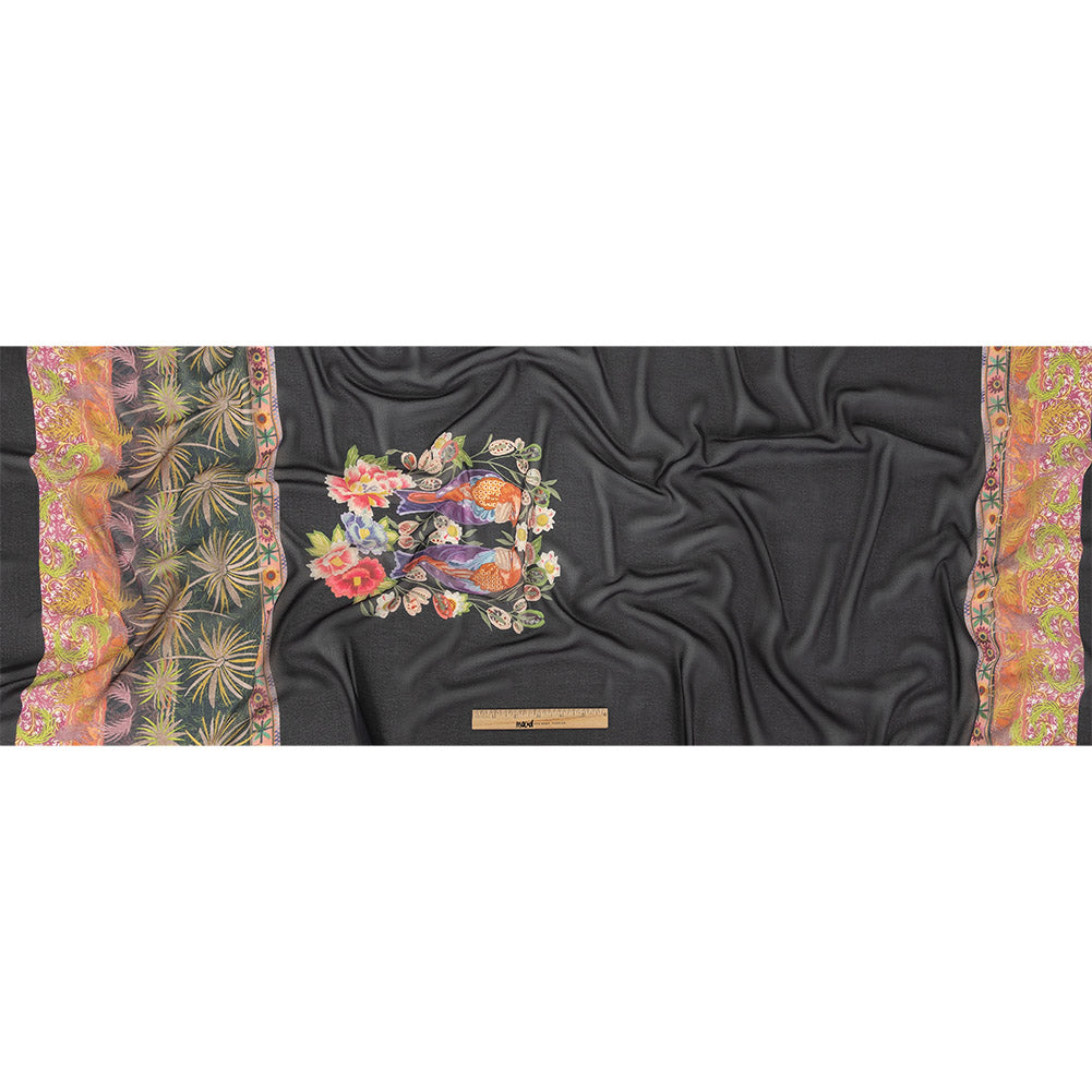 Famous NYC Designer Black, Pink, and Green Lovebirds and Florals Polyester Georgette Panel