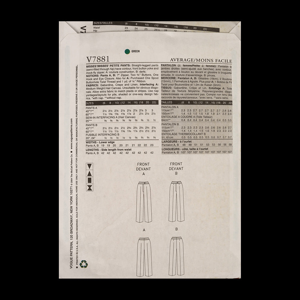 Vogue Misses' Pants Pattern V7881 Sizes 6,8,10