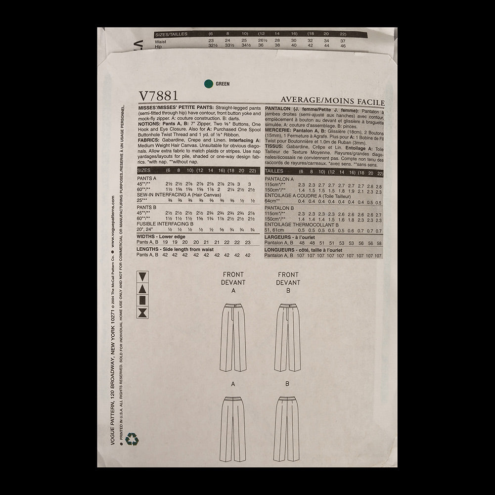 Vogue Misses' Pants Pattern V7881 Sizes 18,20,22