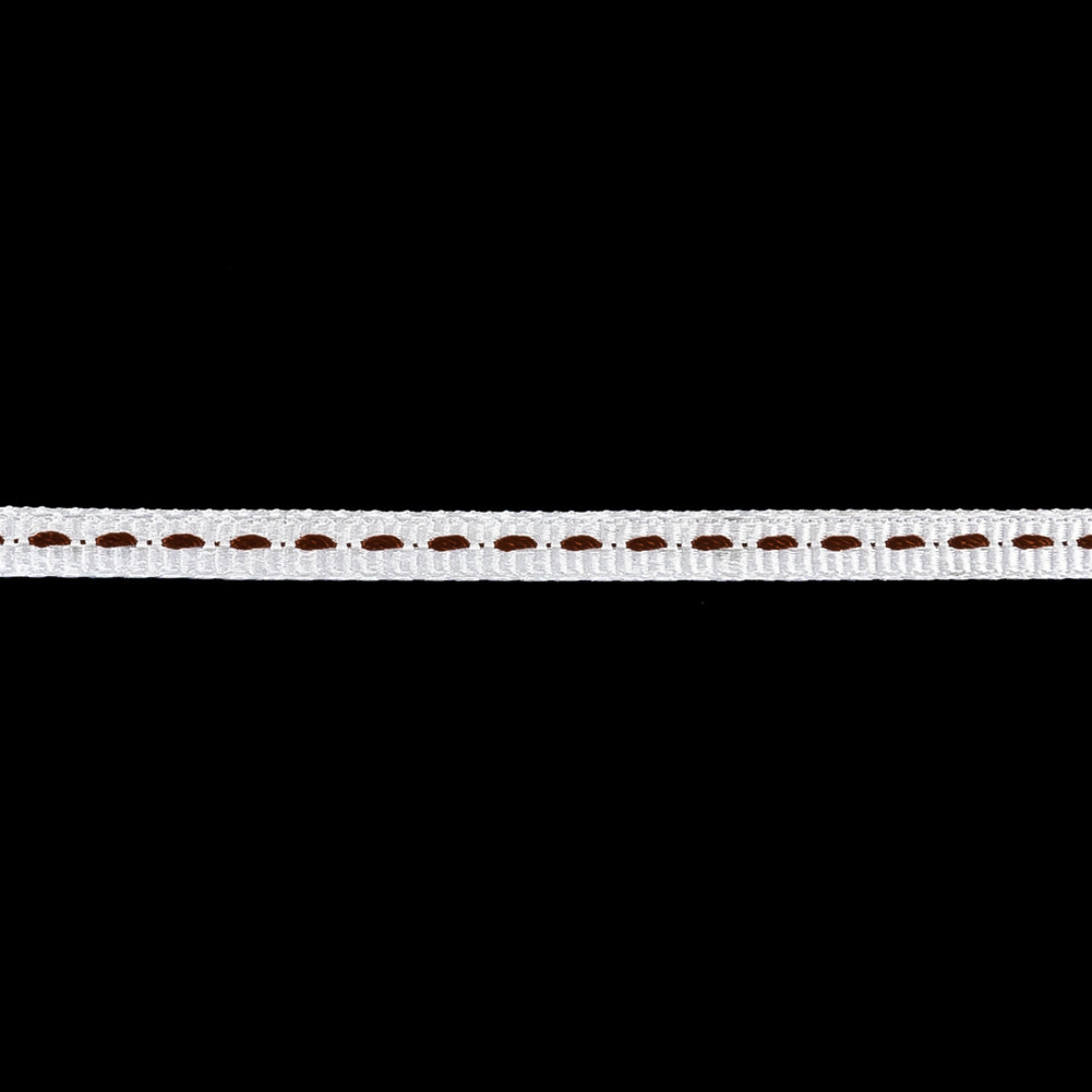 White Grosgrain Ribbon with Brown Stitching - 0.25"