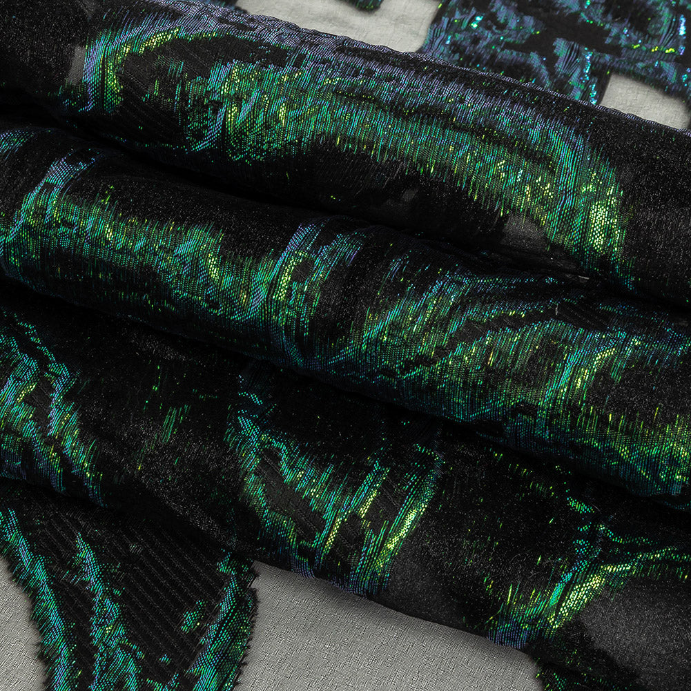 Mood Exclusive Metallic Iridescent Green and Black Mineral Veins Luxury Burnout Brocade