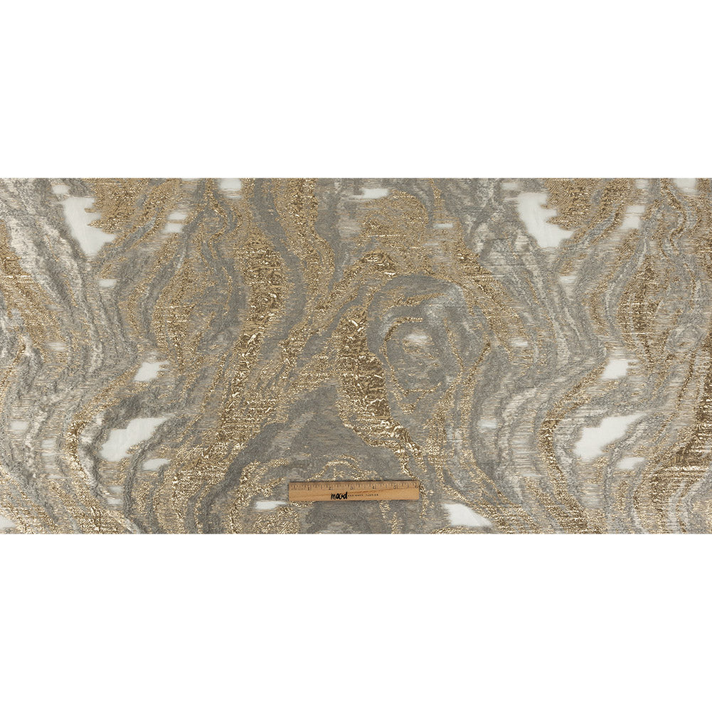 Mood Exclusive Metallic Gold, Gray and Beige Painterly Swirls Luxury Burnout Brocade