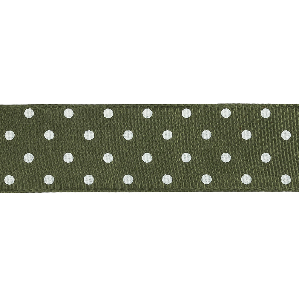 Pesto and White Polka Dots Grosgrain Ribbon - 1"