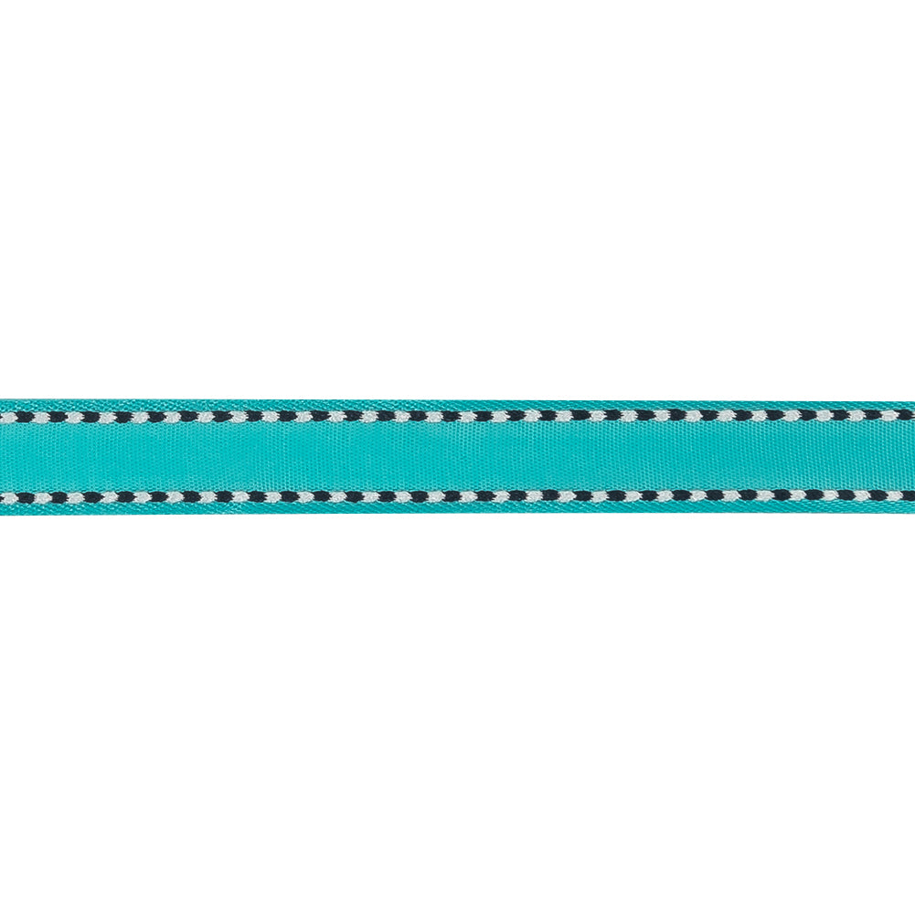 Turquoise Woven Ribbon with Navy and White Stitched Border - 0.375"