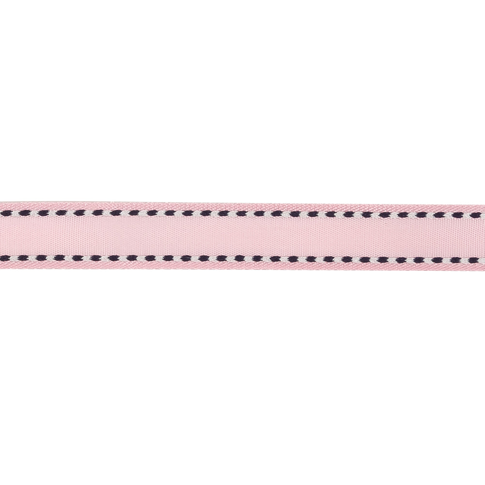 Baby Pink Woven Ribbon with Navy and White Stitched Border - 0.375"