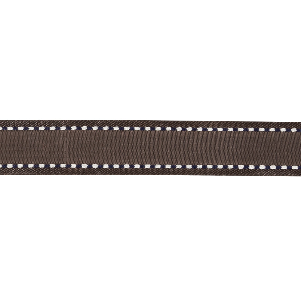 Fudge Woven Ribbon with Navy and White Stitched Border - 0.625"