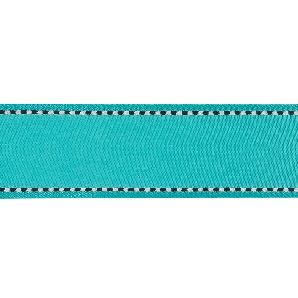 Turquoise Woven Ribbon with Navy Blazer and White Stitched Border - 1"