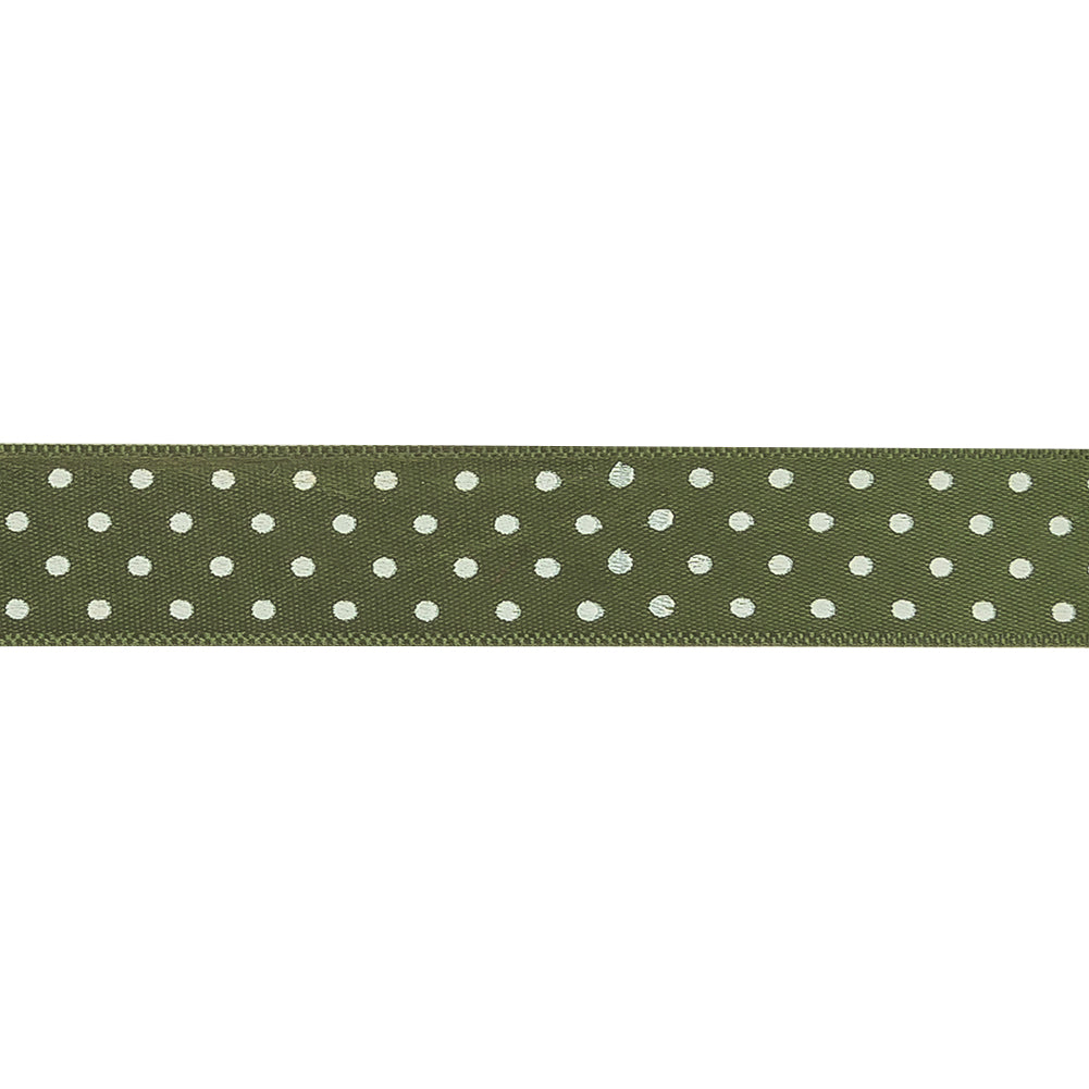 Olive and White Polka Dots Satin Ribbon - 0.625"