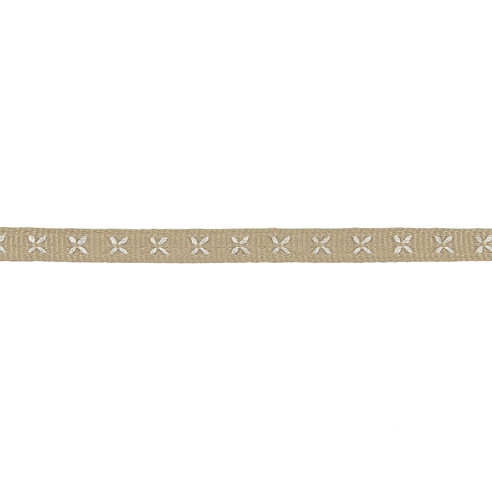 Beige Grosgrain Ribbon with Blanc de Blanc Stitched Flowers - 0.25"