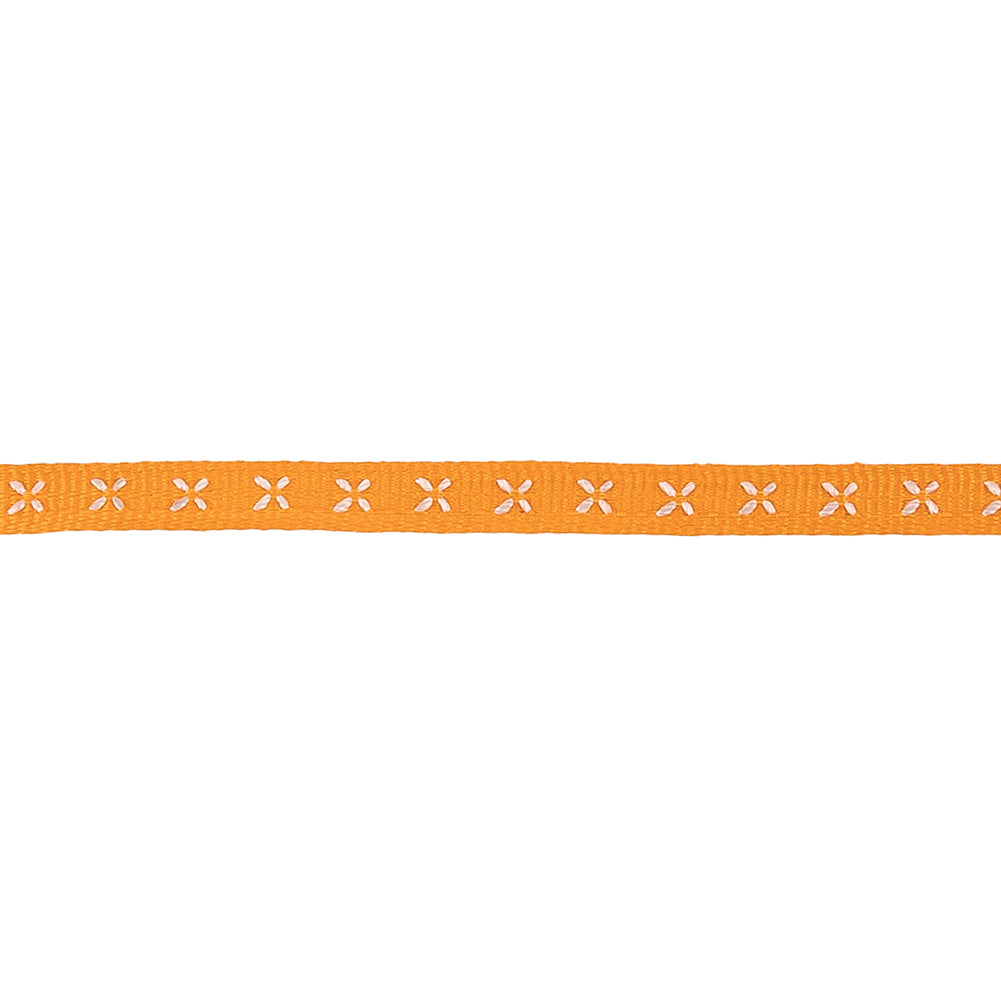 Mango Grosgrain Ribbon with Blanc de Blanc Stitched Flowers - 0.25"