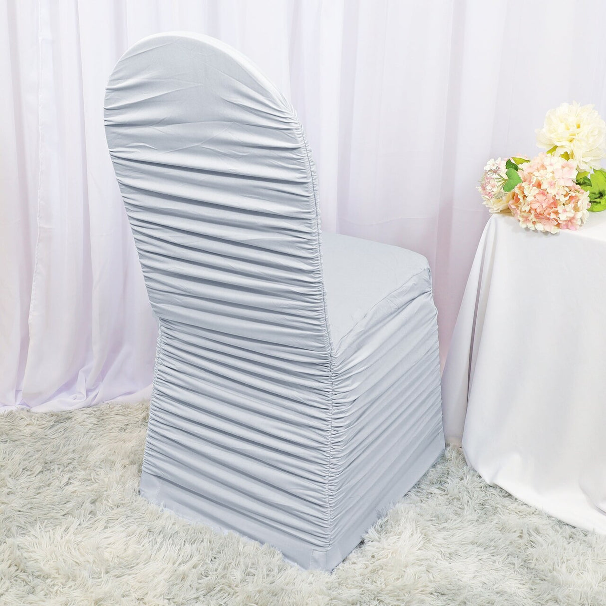 1 Piece Platinum Light Silver Rouge Chair Cover, Ruffled Stretch Spandex for Banquet Chairs