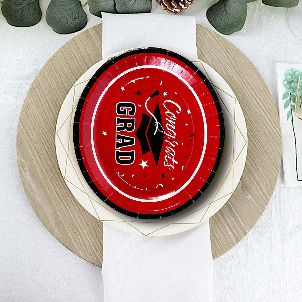 25 Count Betallic Graduation Party Red Congrats Paper Banquet Plates Disposable Dinner Plates 11 3/4" x 10"