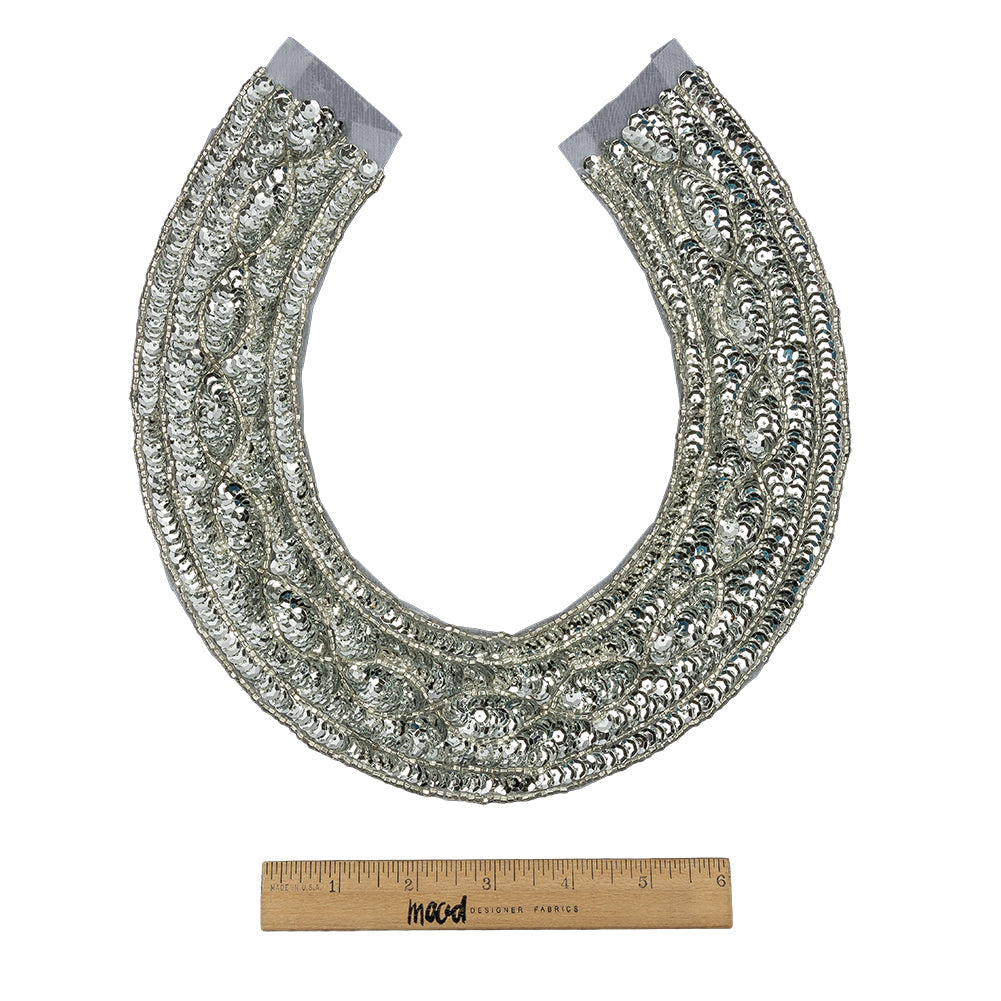 Vintage Metallic Silver Sequined and Beaded Collar Applique - 9.75" X 9.25"