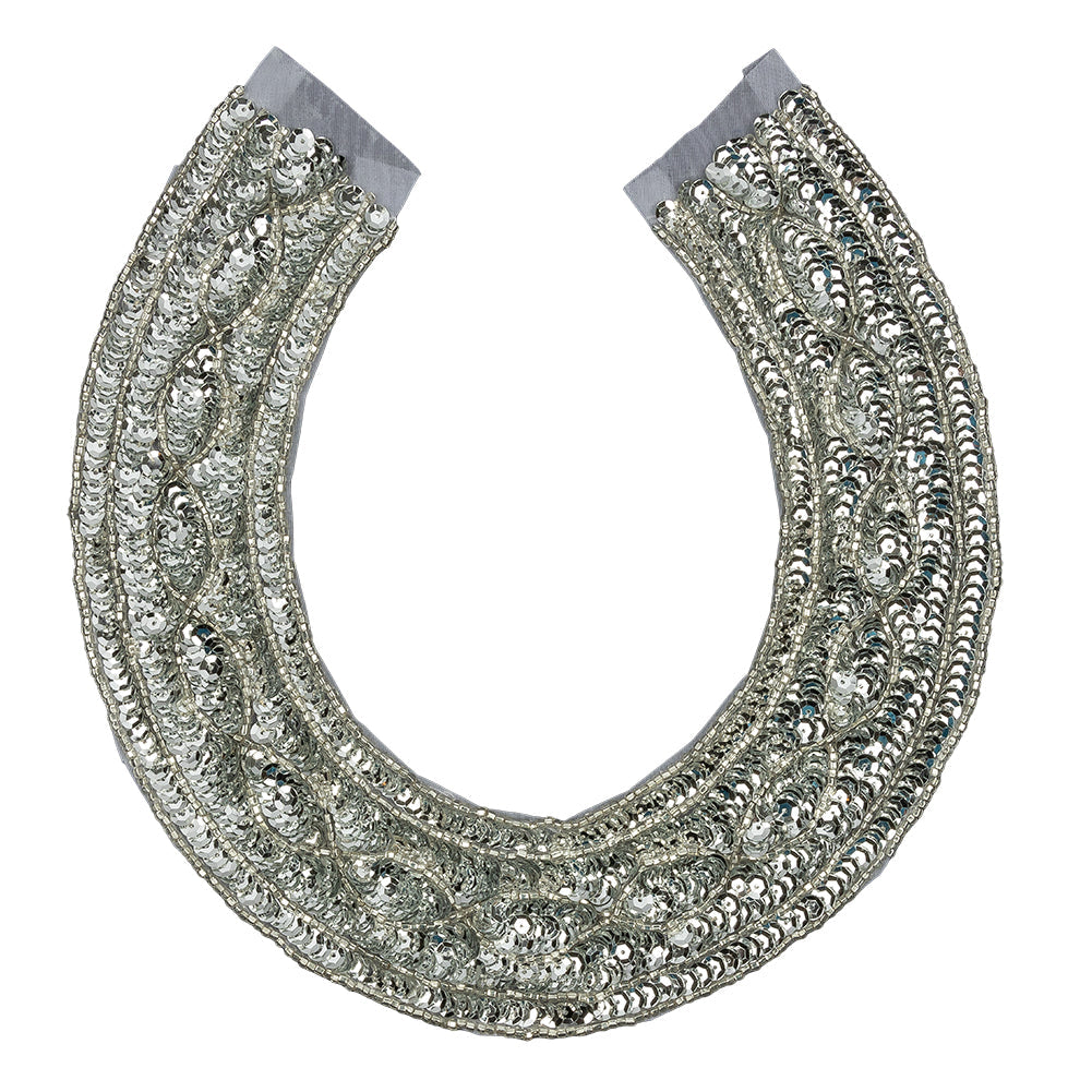 Vintage Metallic Silver Sequined and Beaded Collar Applique - 9.75" X 9.25"