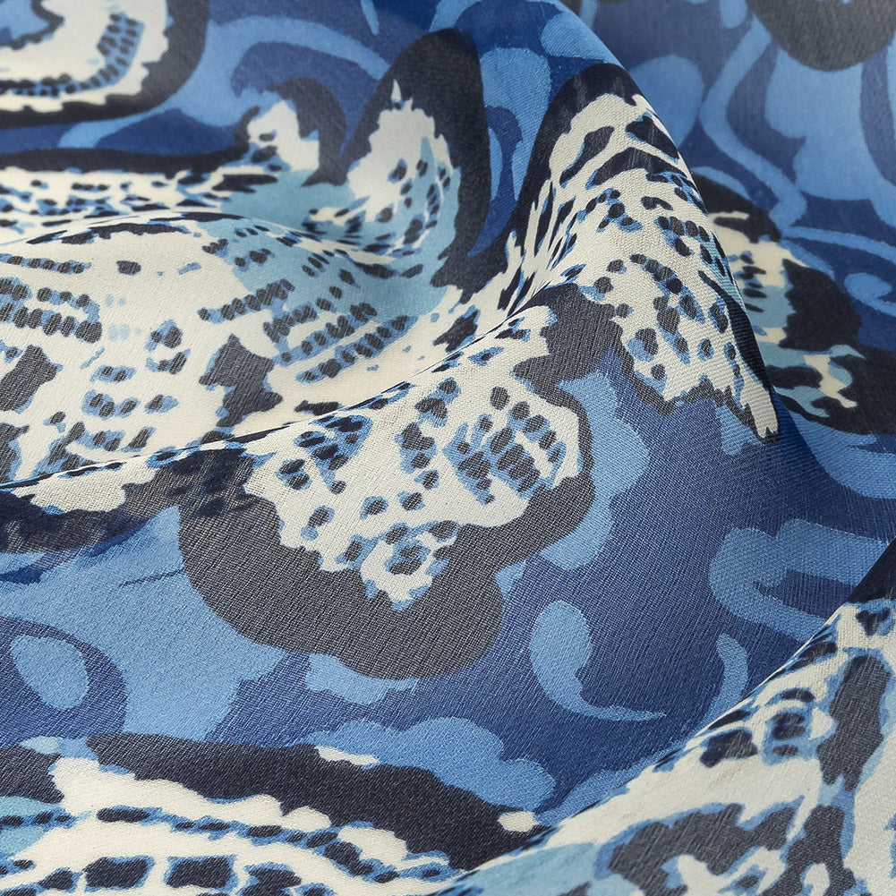Blue and Cream Floral Silk Chiffon