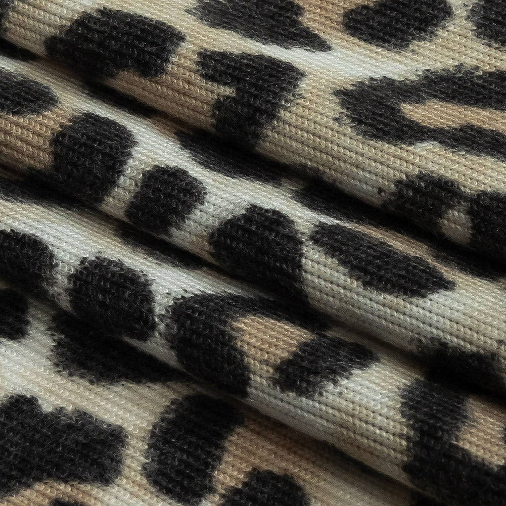 White, Tan and Forged Iron Cheetah Print Stretch Polyester Sweater Knit