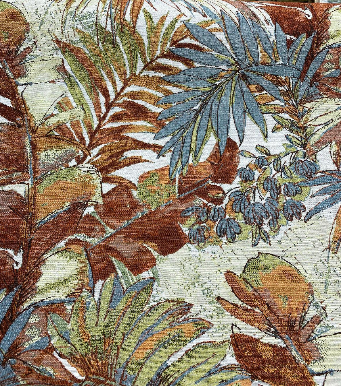 Shade Valley Jacquard Polyester Fabric - Rust, Blue, Green Floral Leaves, 56" Width, 28" Horizontal Repeat (1 Yard)