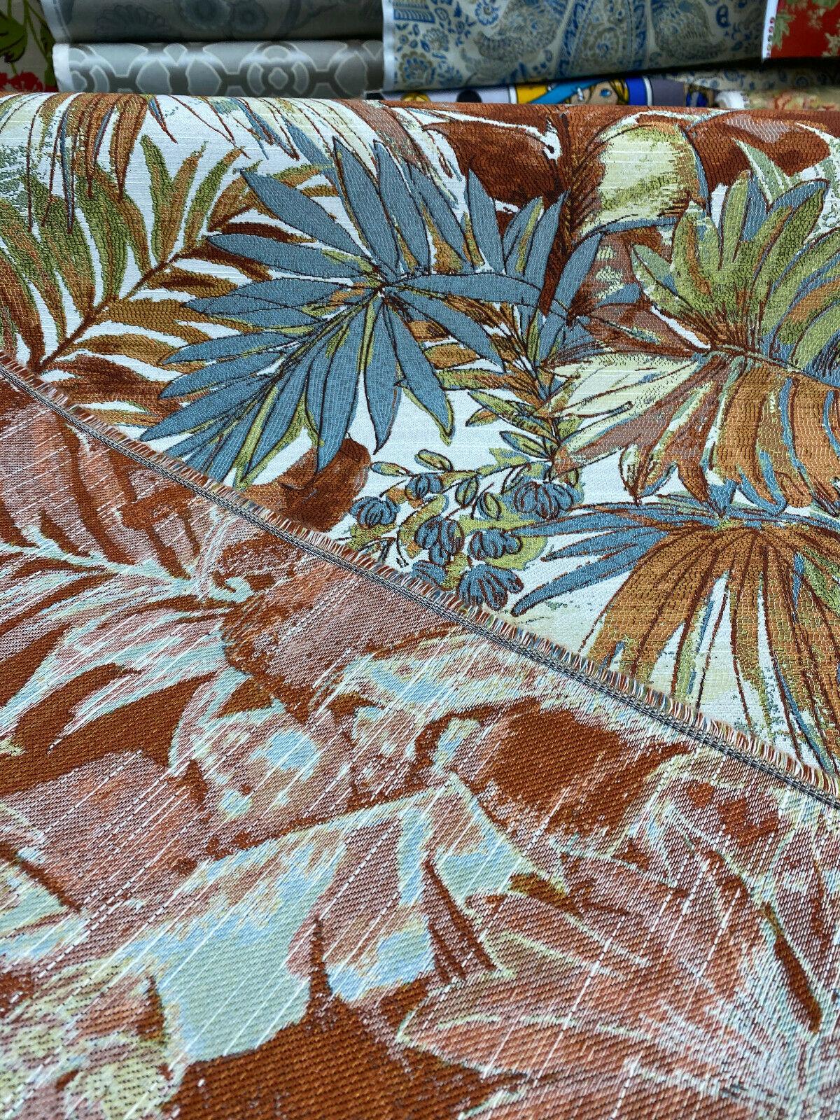 Shade Valley Jacquard Polyester Fabric - Rust, Blue, Green Floral Leaves, 56" Width, 28" Horizontal Repeat (1 Yard)