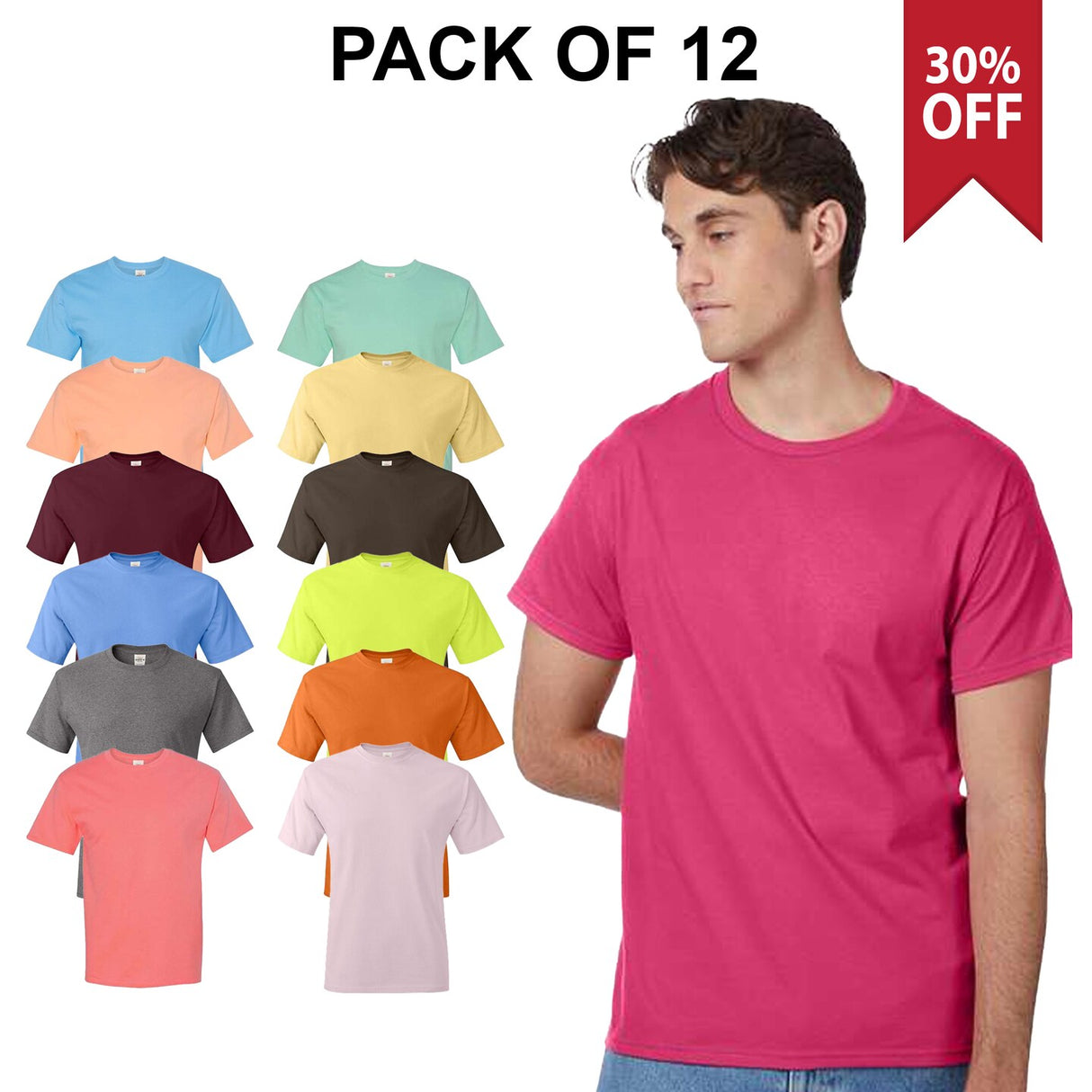 12 Pack Men's Authentic 100% Cotton Crew Neck T-Shirt