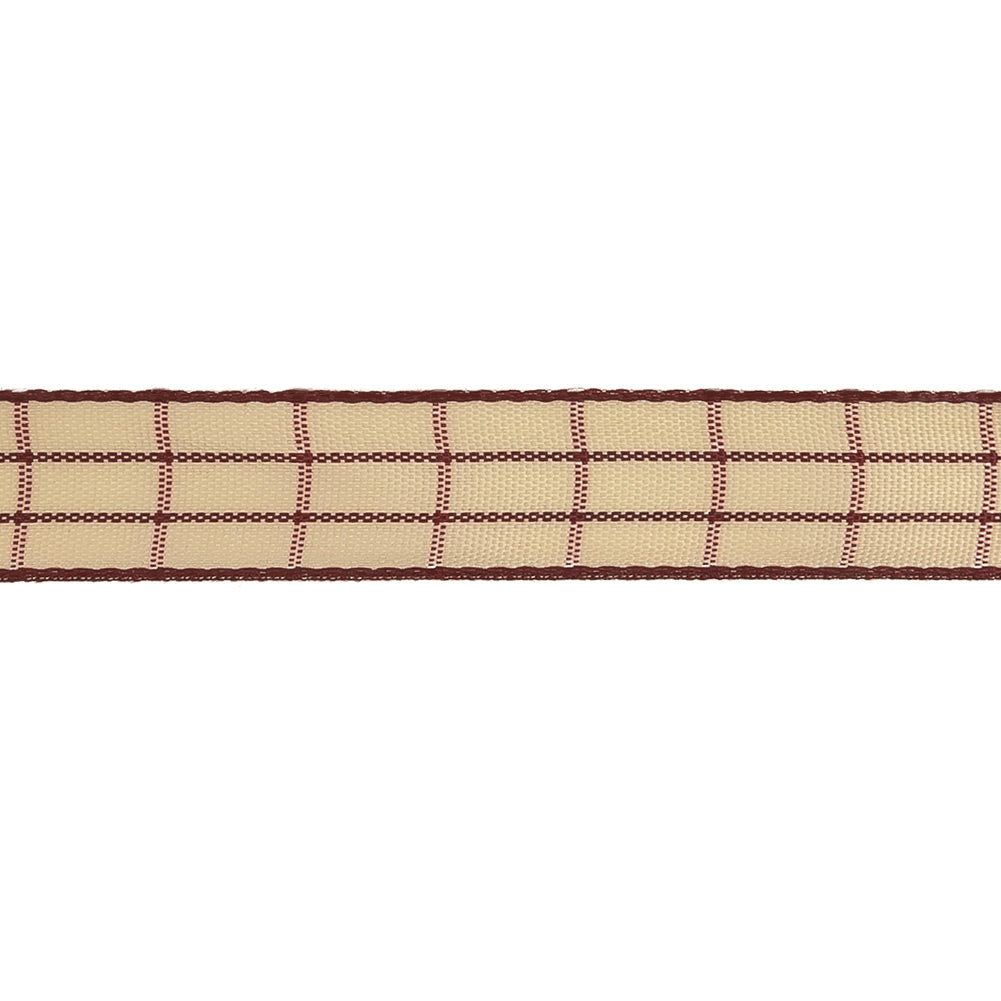 Burgundy and Ethereal Green Windowpane Check Woven Ribbon - 0.625"