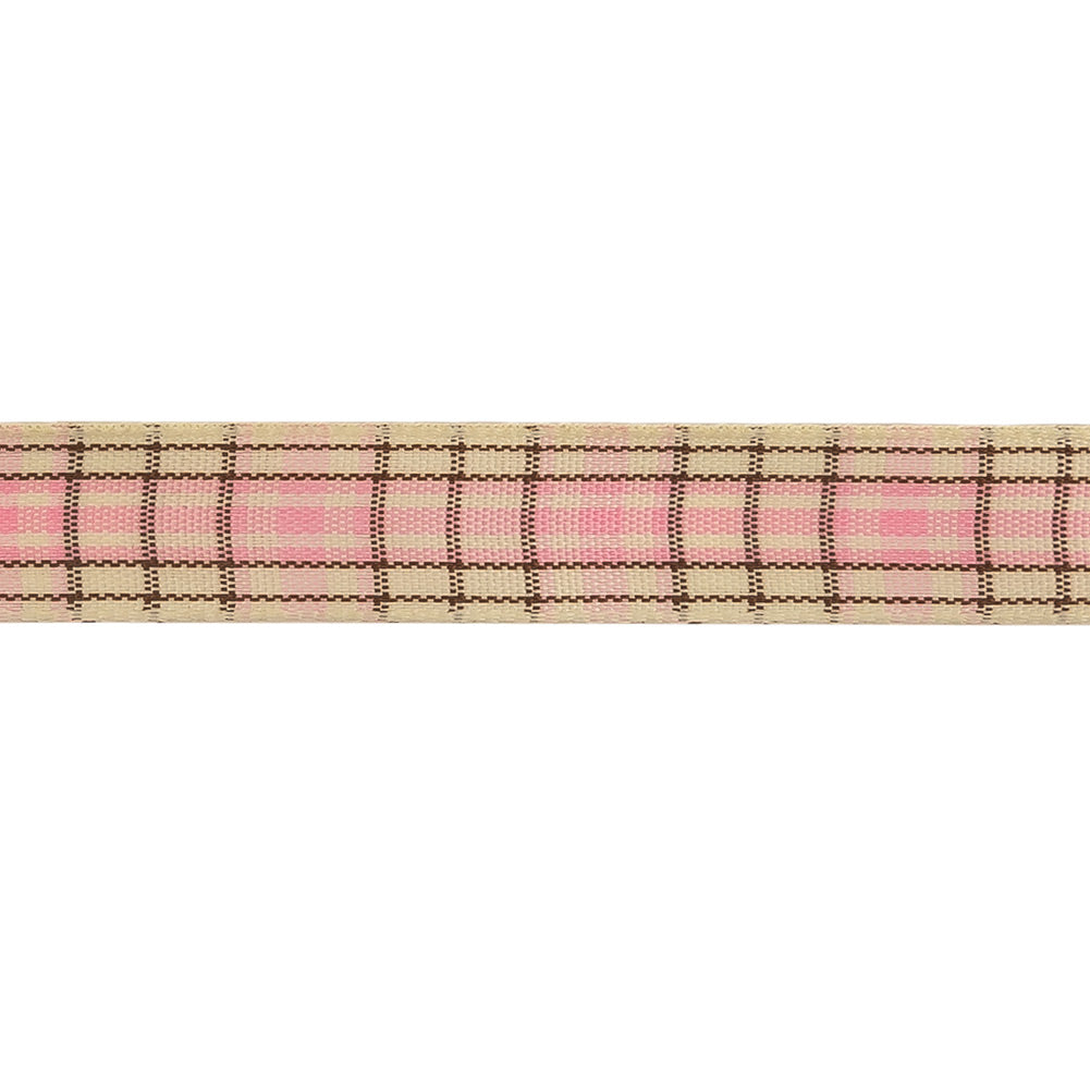 Baby Pink, Brown and Vanilla Ice Plaid Woven Ribbon - 0.625"