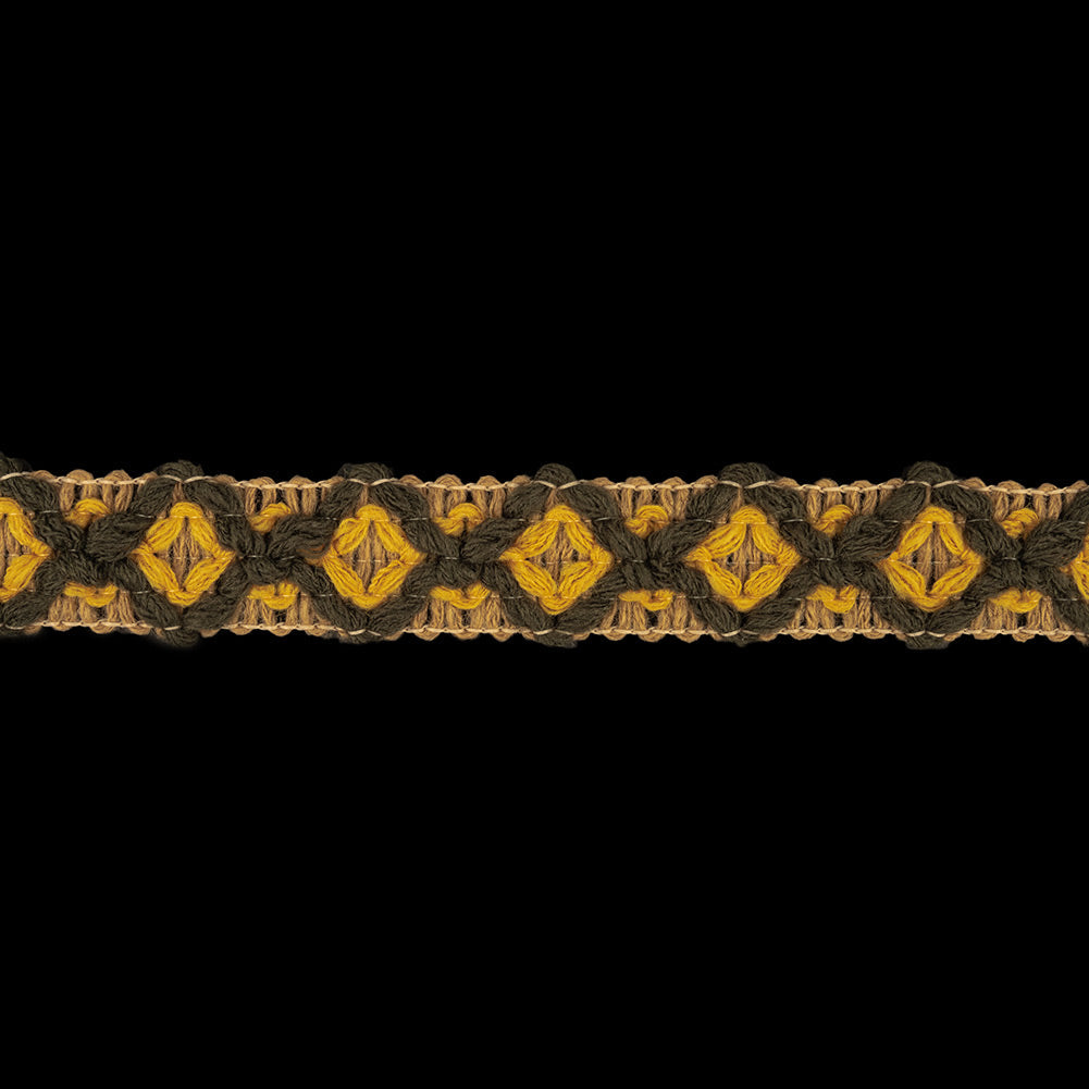 Beige, Mustard and Rifle Green Diamonds Embroidered Trim - 1"