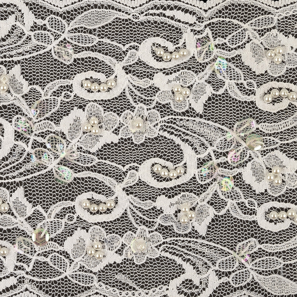 White and Iridescent Floral Beaded and Sequins Lace Trim with Scalloped Edges - 4.375"