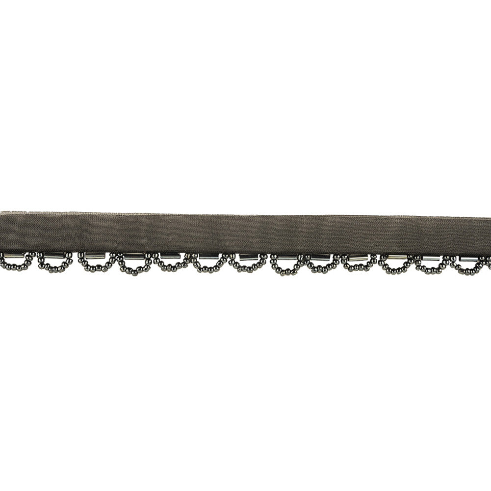 Gunmetal Bugle and Seed Beaded Scalloped Trim with Black Mesh Lip - 0.75"