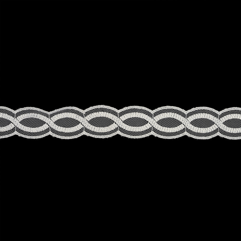 Bright White Twists Embroidered Lace Trim on Mesh - 1"