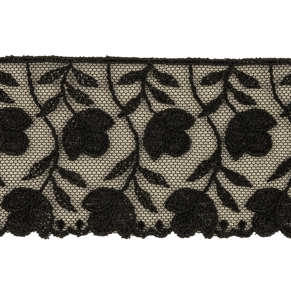 Black Tulips Embroidered Lace Trim - 2.25"