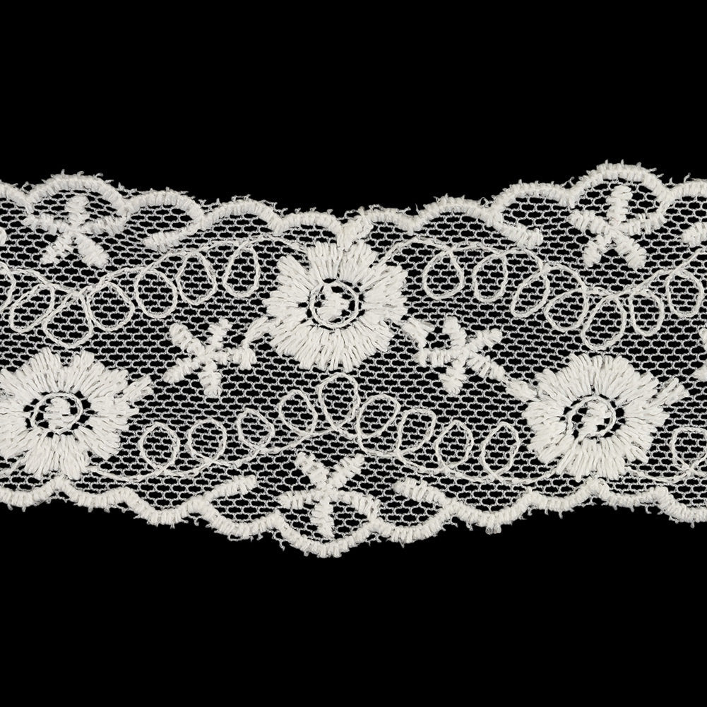 White Flowers and Loop de Loops Zig Zag Embroidered Lace Trim - 1.625"