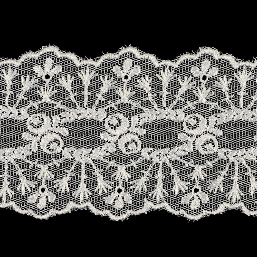 White Luminous Floral Embroidered Lace Trim - 2.375"