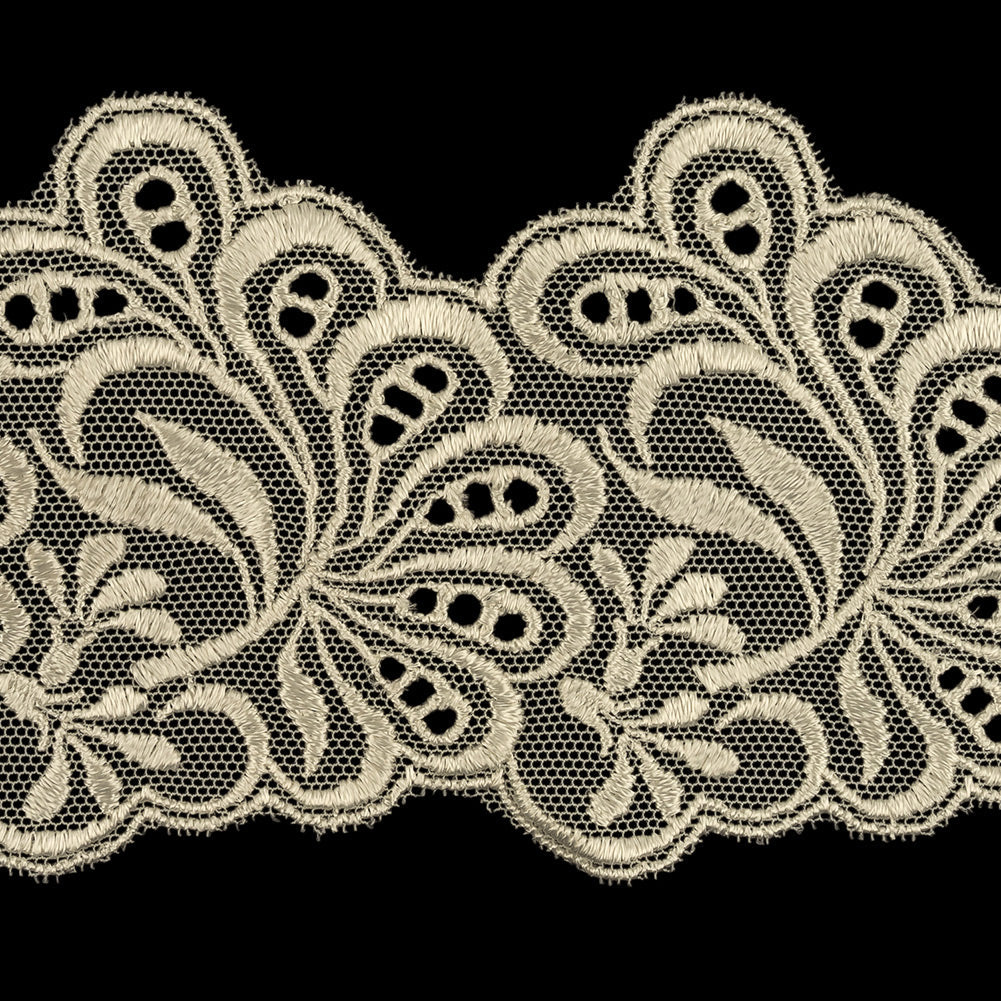 Pristine Ivory Luminous Leafy Stems Embroidered and Eyelet Lace Trim - 3"