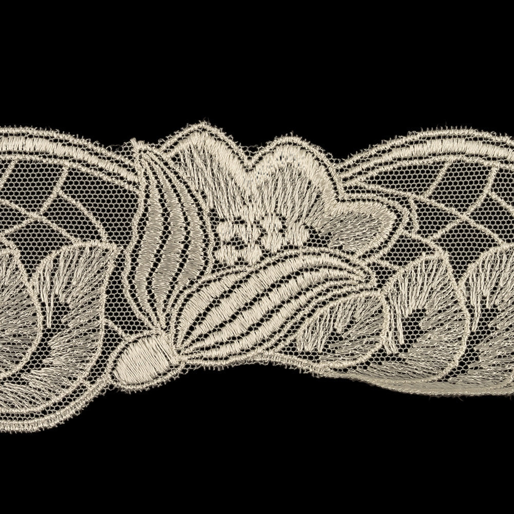 Bone White Luminous Blooming Flowers Embroidered Lace Trim - 2.375"