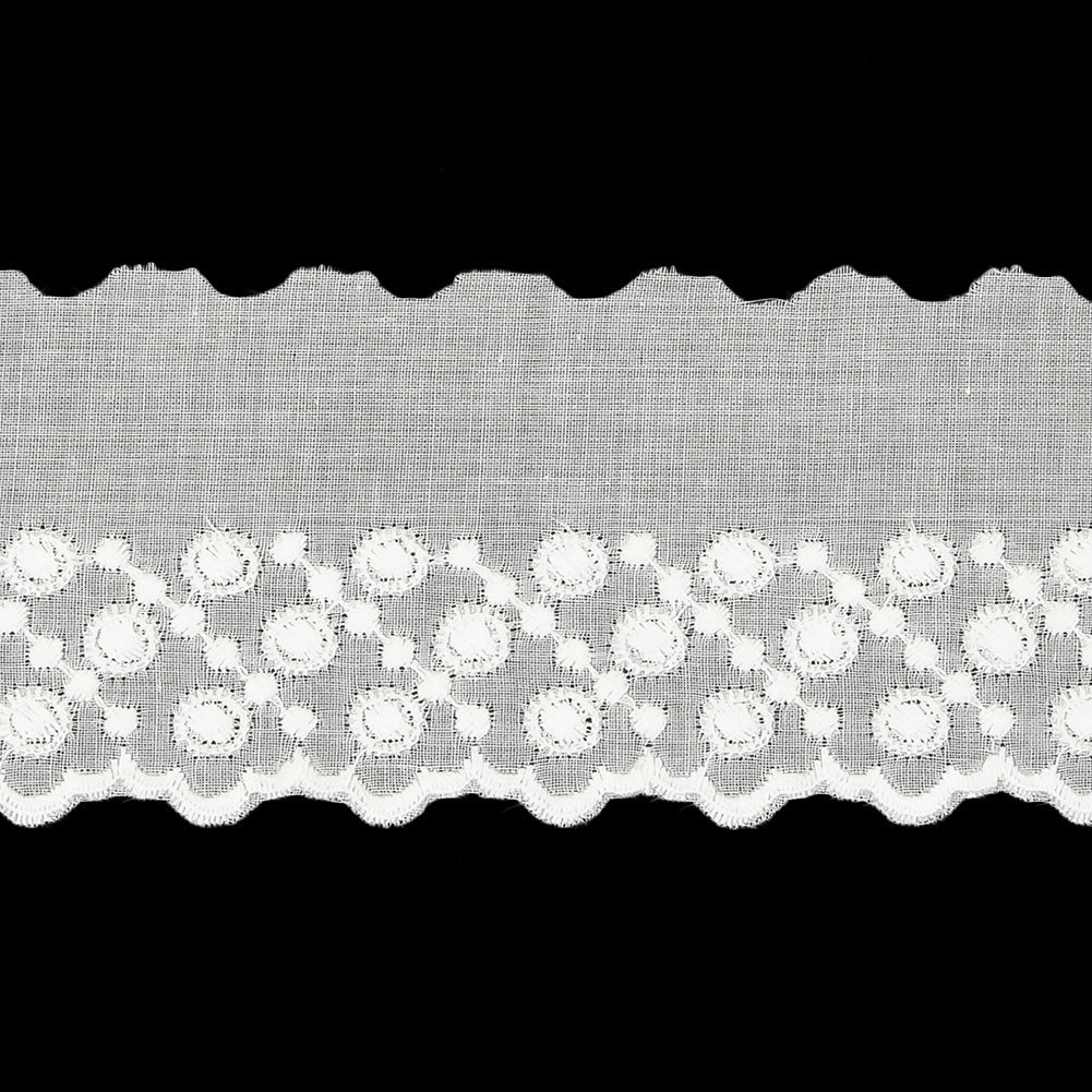 White Three-Row Dots Cotton Embroidered Lace Trim with Finished Scalloped Edge - 1.75"