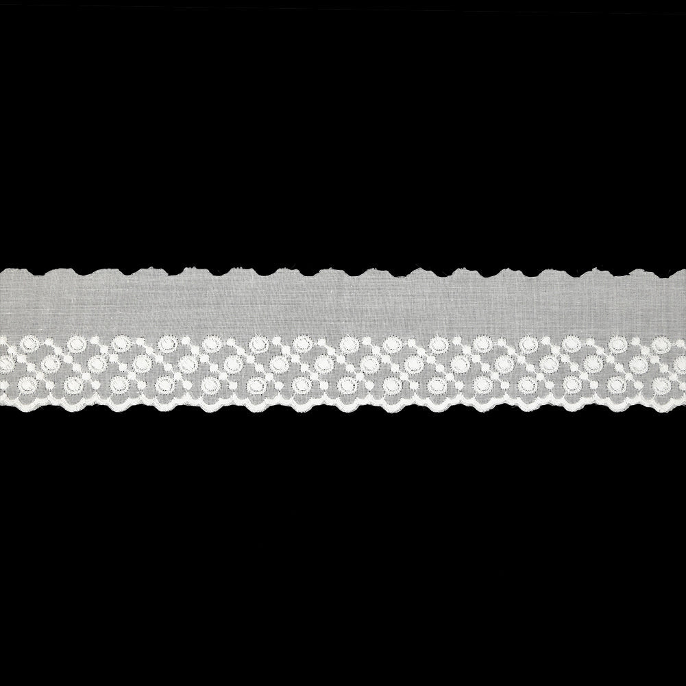 White Three-Row Dots Cotton Embroidered Lace Trim with Finished Scalloped Edge - 1.75"