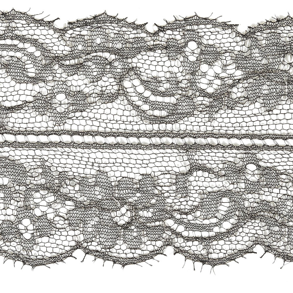 Black and Metallic Silver Floral Chantilly Lace Trim with Eyelash Fringe - 3.25"