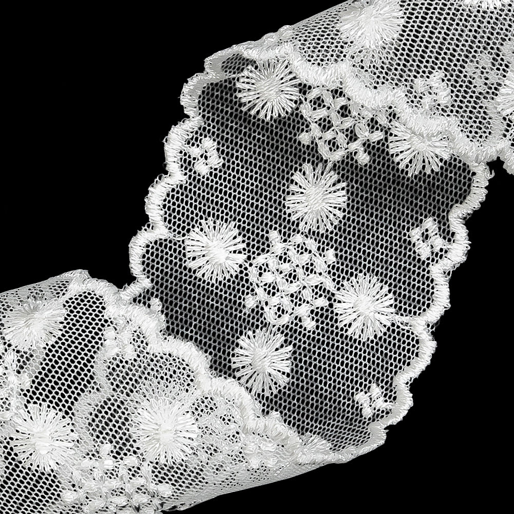 White Floral and Geometric Embroidered Lace Trim with Scalloped Edges - 2.125"