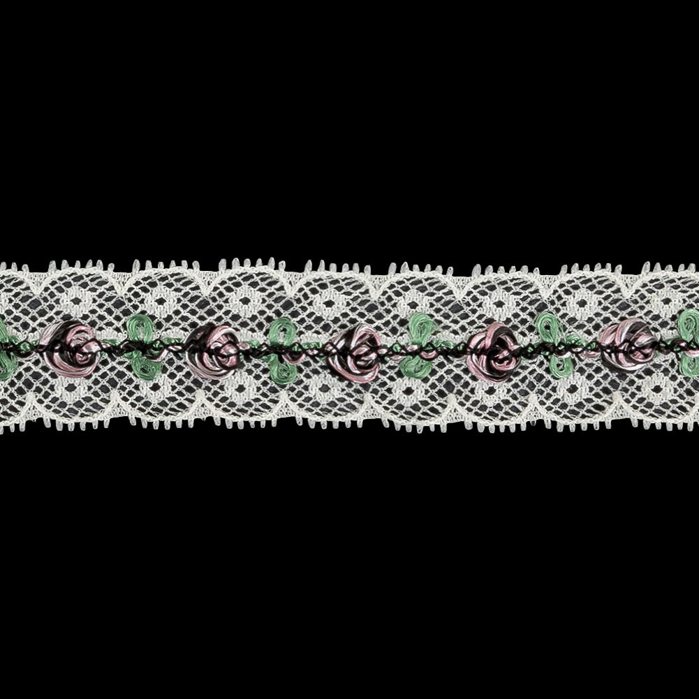 Festival Bloom, Spring Bouquet and Black Embroidered Roses on Whisper White Lace Trim - 0.875"