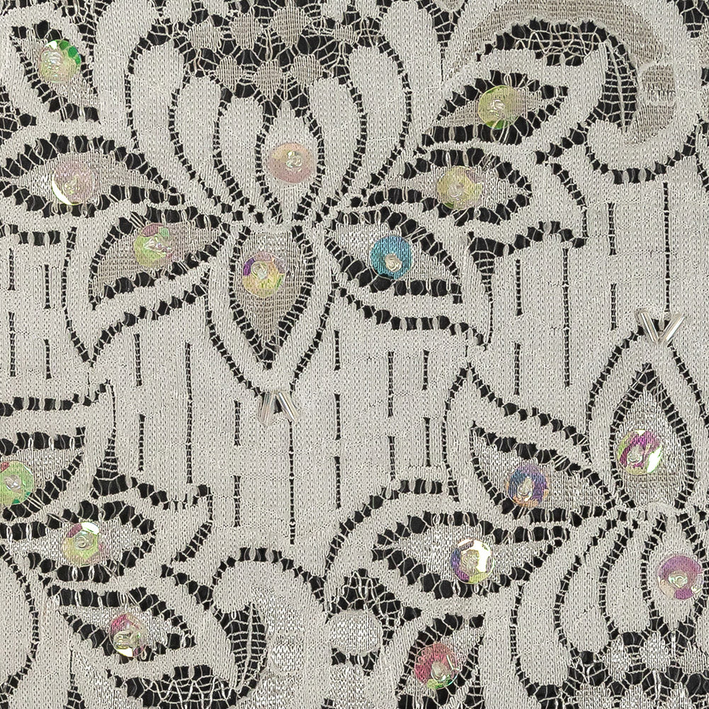 White and Iridescent Beaded and Sequined Floral Stretch Lace Trim - 6"
