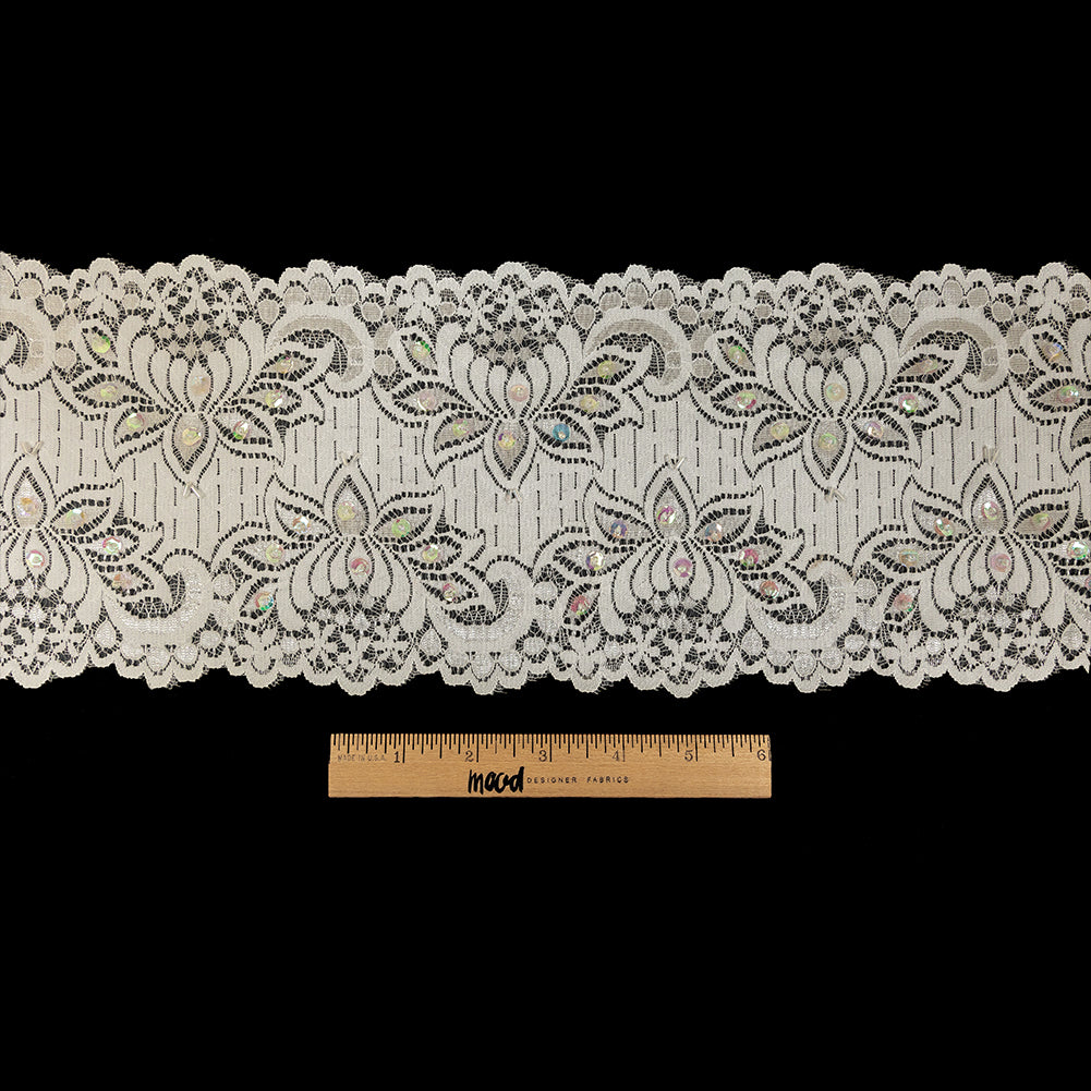 White and Iridescent Beaded and Sequined Floral Stretch Lace Trim - 6"