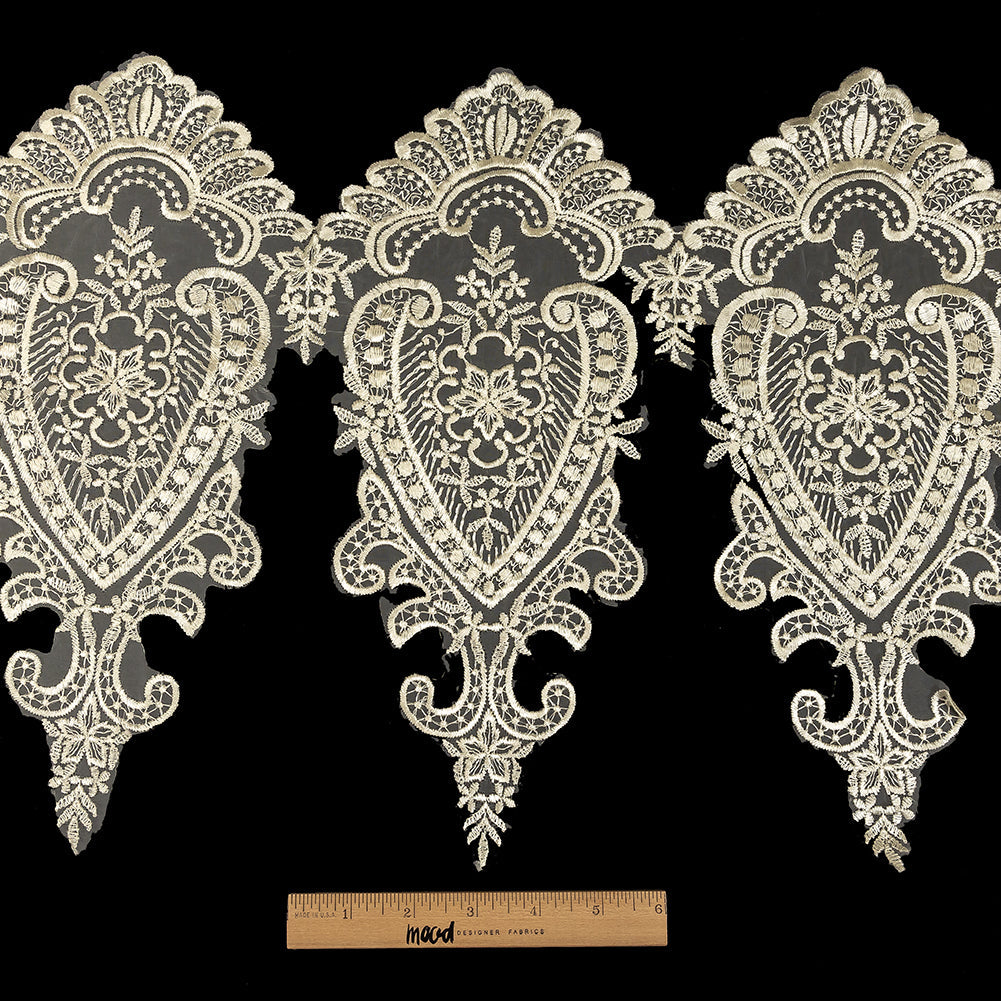 Ivory Paisley and Floral Oversized Embroidered Organza Lace Trim - 14"