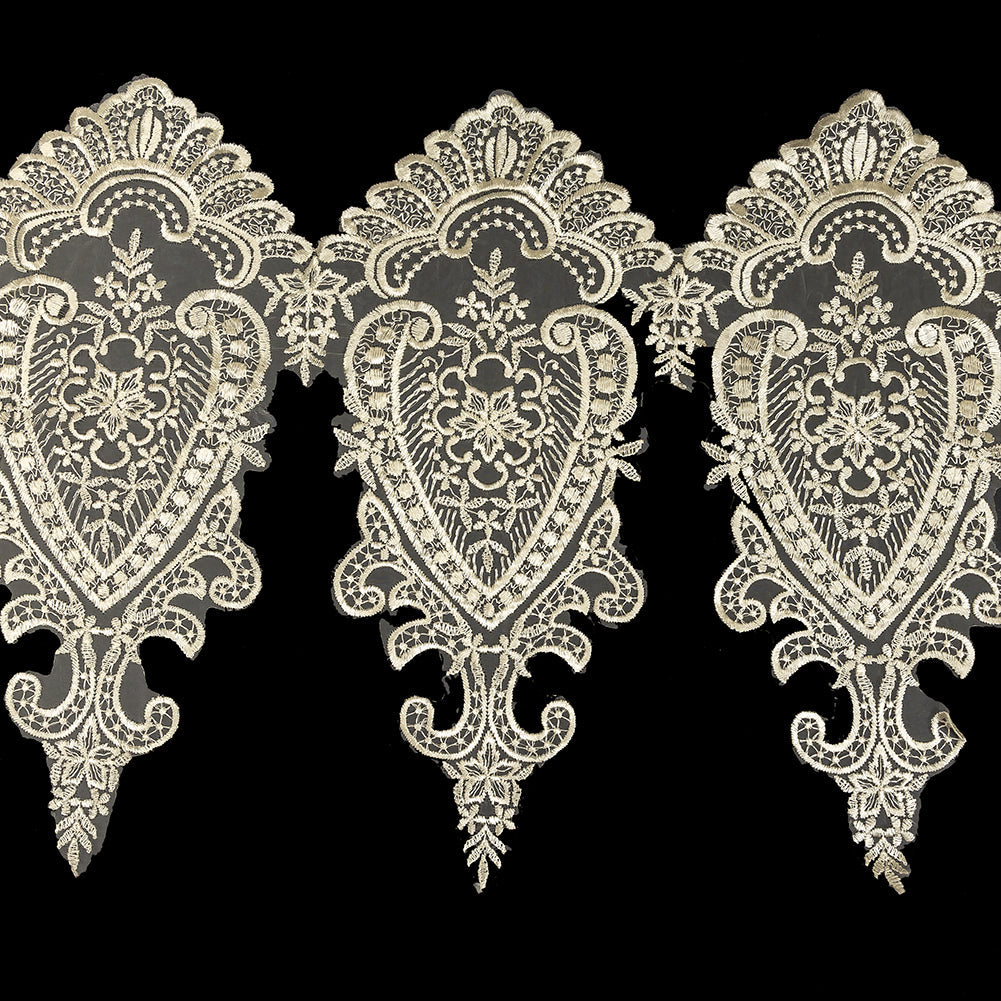 Ivory Paisley and Floral Oversized Embroidered Organza Lace Trim - 14"